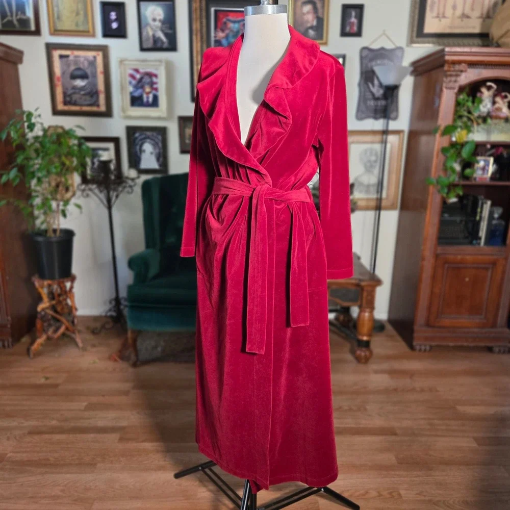 Vintage 80s Diamond Tea Red Velvet Robe Ruffle Collar‎ Long Dress Gown Robe